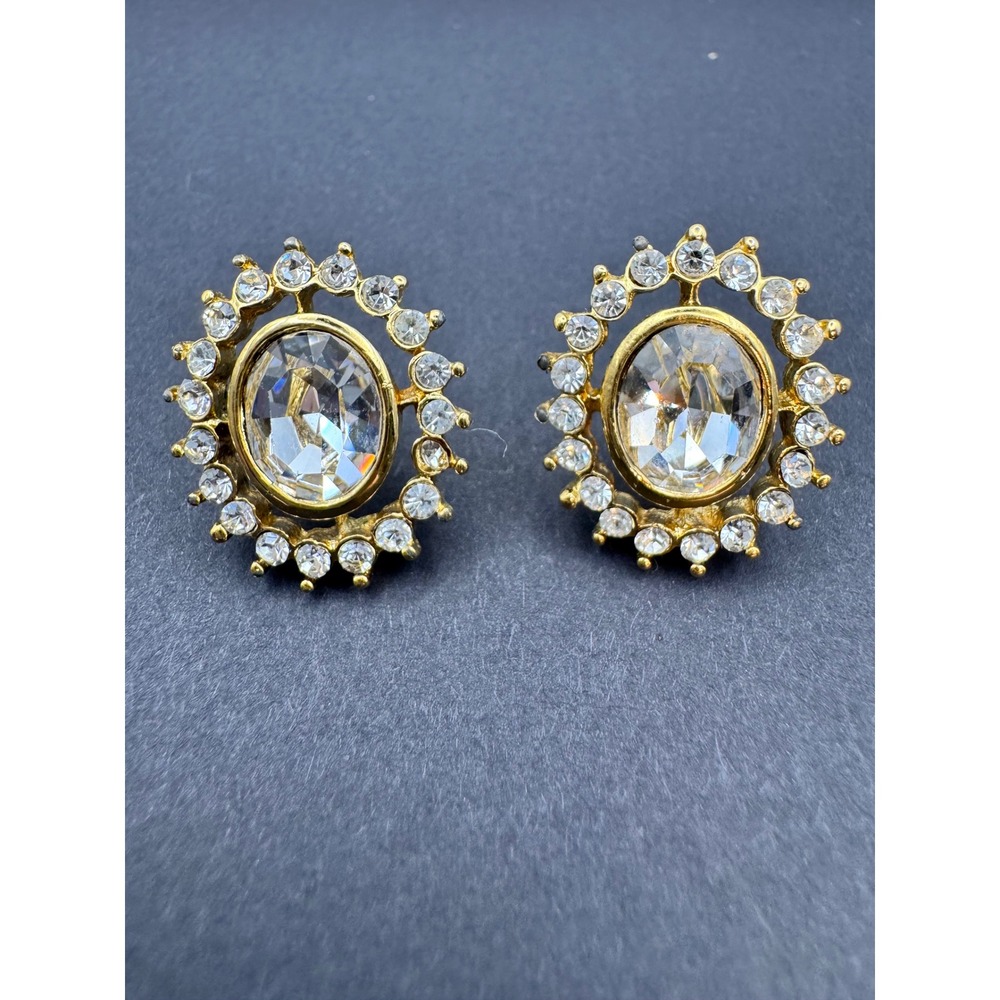 Vintage Trifari Gold Tone Oval Crystal Rhinestone Sunburst Halo Stud Earrings
